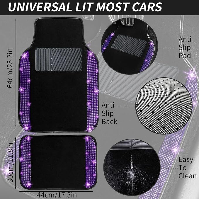 NBTEPEM Bling Car Floor Mats Full Set and Steering Wheel Cover, Universal Fit Most Cars, 4 pcs Sparkle Glitter Diamond Carpet, 5 pcs Bling Car Accessories Set for Women (Purple Violet Diamond)