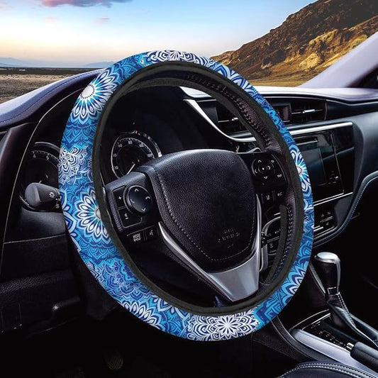AFPANQZ Elastic Steering Wheel Cover Non-Slip Protection for Women Men | Comfort Anti-slip Safety Stretch-on 14-15 inch, Blue Boho Flower Easy Fix Machine Washable Steering Wheel Protection