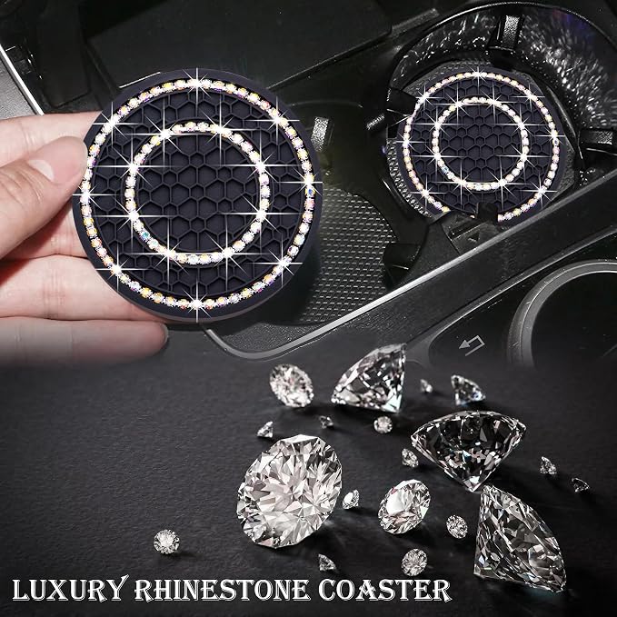 4PCS Bling Crystal Rhinestone Cup Holder Coaster, 2.75 inch Soft Silicone Anti-Slip Shockproof, Car Cup Holder Insert Coasters, Universal Car Interior Accessories for Women (Black & Colorful)