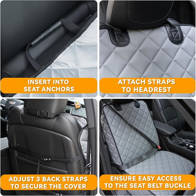 Waterproof Car Front Seat Cover for Dogs, PU Leather Car Seat Protector for Pets,Nonslip Scratchproof Front Passenger seat Covers Fits for Cars, Trucks, SUVs (Grey, Front Seat Cover)