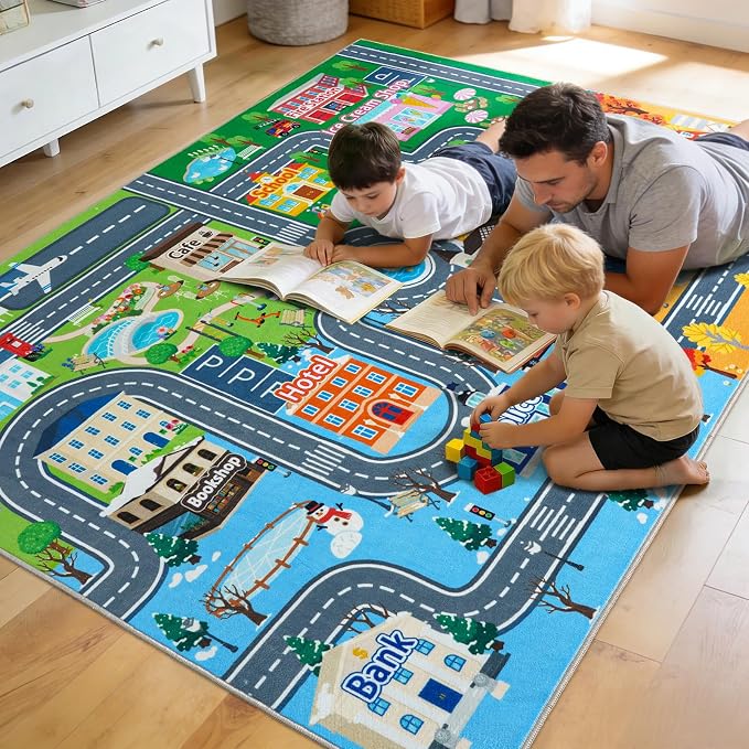 Car Rug Play Mat for Kids Toy Cars, 7' x 9' City Road Town Track Four Seasons Traffic Carpet, Non-Slip Washable Area Rug for Kids Room Bedroom Classroom Play Area, Fun Learning Carpet for Children