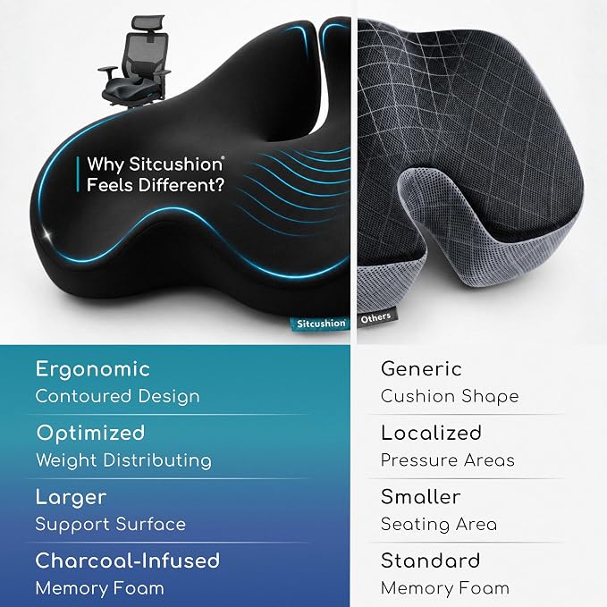 SitCushion Extra Large Memory Foam Seat Cushions for Office Chairs, Pressure Relief Seat Cushion for Tailbone Pain Relief, Sciatica & Back Pain, Ergonomic Office Chair Cushion for Long Sitting (Black)