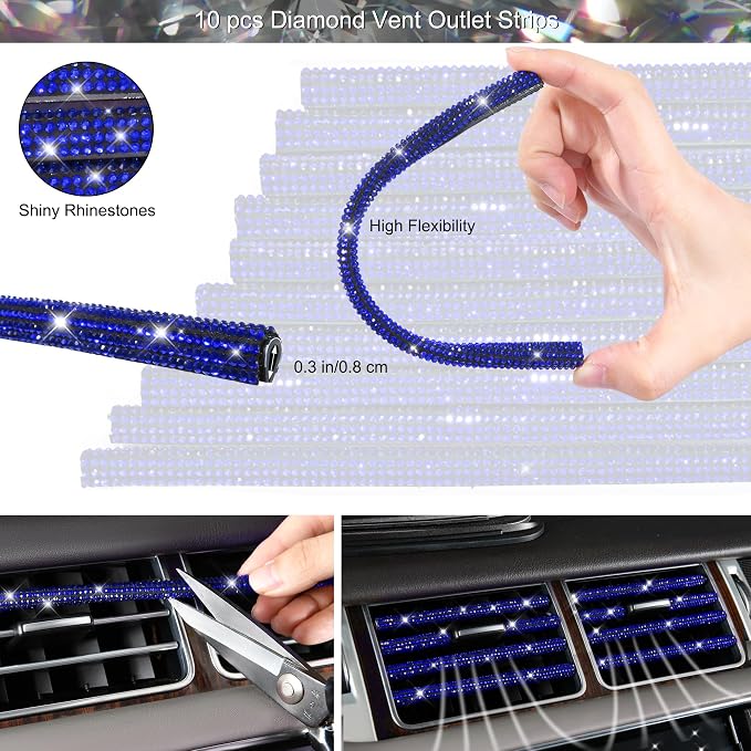 CAR PASS 30 PCS Bling Diamond Car Accessories Set for Women, Bling Steering Wheel Covers 15 Inch, Shining Rhinestone License Plate Frame, Sparkly Phone Holder, Cute Interior Set Decorations, Blue
