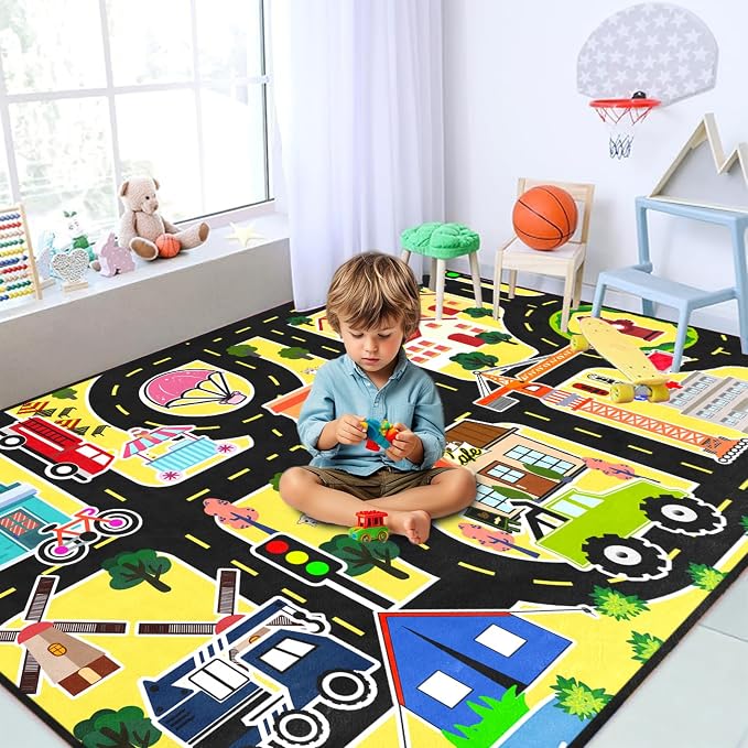 Car Rugs for Kids Toy - Car Track Carpet for Boys Road Rug for Bedroom Road Map Carpet for Kids Toy Play Mat Farm, 3x5 Feet