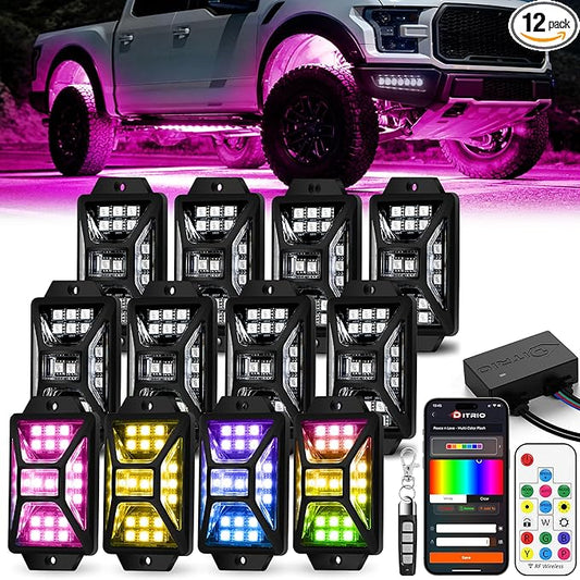 12 Pods Five Sided RGB Rock Lights for Trucks UTV SUV ATV Golf Cart, Multi Chasing Color App/2 Remote Control Led Rock Lights with Music Mode, Waterproof Exterior Underglow Kits for Cars(Patented)