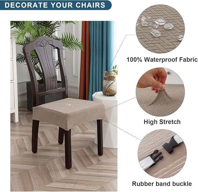 Genina Waterproof Seat Covers for Dining Room Chair Covers Waterproof Dining Chair Covers (4 PCS-Rear-Covered, Taupe)