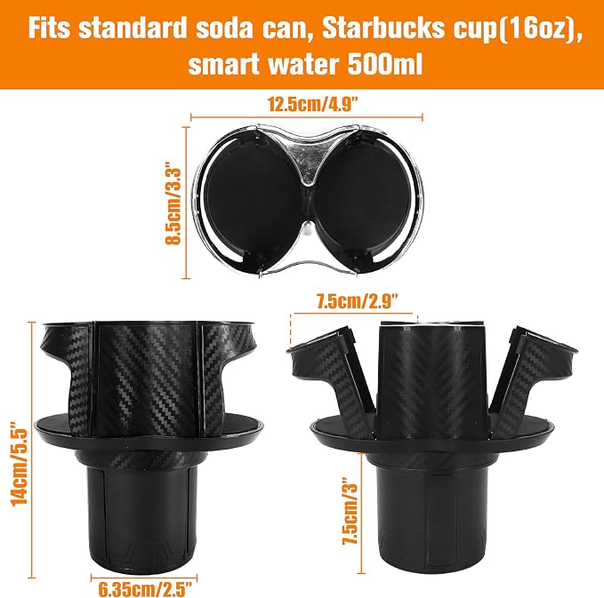 Double Cup Holder for Car, 2 in 1 Extra Cup Insert with Expandable Base, Multifunctional Extender Expander Adapter with Elastic Open-Close Cup Mouth, Adjustable Bracket FOR 2.1''-2.9'' BOTTLE DIAMETER