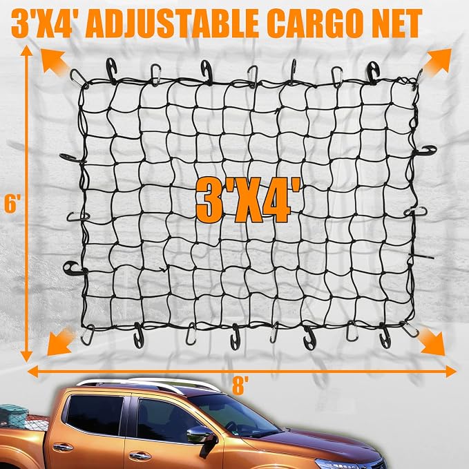 Cargo Net for Pickup Truck Bed SUV, 3' x 4' Stretches to 6' x 8' Heavy Duty Small 4”x4” Latex Cargo Netting with 12 Metal Hooks and 12 ABS Clasps, Car Ceiling Cargo Net for Road Trip