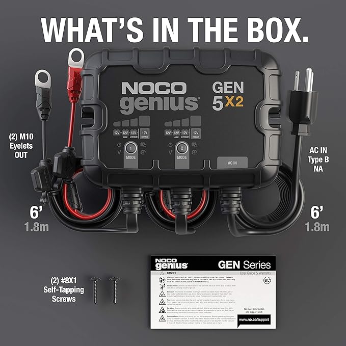 NOCO Genius GEN5X2: 2-Bank, 10A Onboard Battery Charger - 5A Per Bank, 12V Waterproof Marine Charger with Overcharge Protection,Temperature Compensation, for Lead-Acid & Lithium Batteries (Pack of 4)
