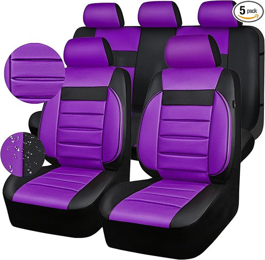 CAR PASS Leather Seat Covers Full Set Universal Water Resistant 3D Foam Back Support, Luxury Comfort Automotive 5 Seat Covers All Season Fit for SUV,Sedan,Van, Airbag Compatible Elegance(Purple Black)