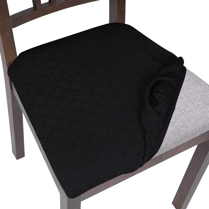 SearchI Seat Covers for Dining Room Chairs Stretch Jacquard Chair Seat Covers Set of 6, Removable Washable Upholstered Chair Seat Protector Cushion Slipcovers for Kitchen, Office(Black Rhombus)