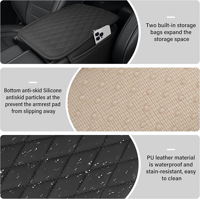 Amiss Car Center Console Cover, Upgraded Leather Car Armrest Cushion with 2 Storage Pockets, Universal Waterproof Cushion Pad, Non-Slip Car Interior Accessories, Fits Most Sedans SUVs Trucks (Black)