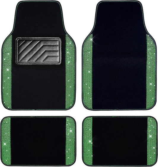 CAR PASS Shining Rhinestones Carpet, Bling Crystal Diamond Sparkly Glitter Car Floor Mats with Anti-Slip PVC Heel Pad Automotive Universal for SUV,Sedan,Car,Van,4pcs for Girl Women Green Diamond