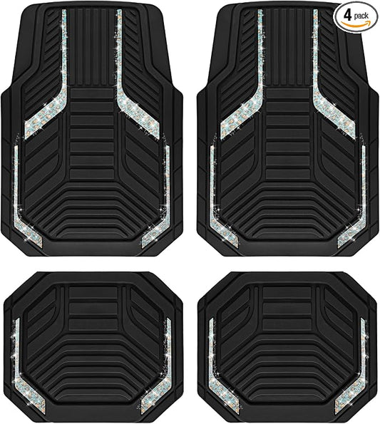 PIC AUTO Car Floor Mats, Leopard Sparkly Crystal Bling Glitter Car Mats Set, Front and Rear Heavy Duty Rubber Car Mats with Anti-Slip Backing, All Weather, Trim-to-Fit for Automotive SUVs, Sedan, Vans
