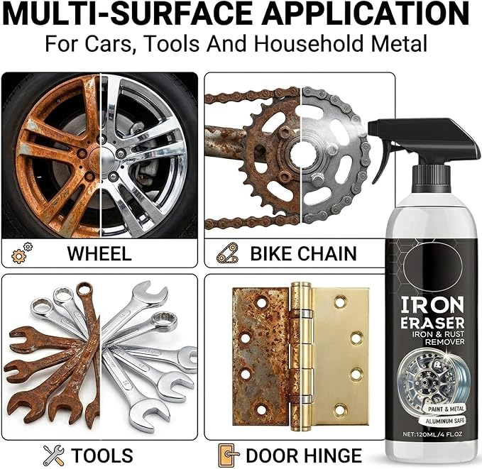 2Pack Rust Remover - Rust Remover Spray, Heavy Duty Rust Remover for Metal, Iron Eraser Iron and Rust Remover for Car Wheels, Hub, Bike Chains, Garden Tools & Iron Surfaces, 120ML*2 | Multi Surface Rust Remover for Metal, Iron Eraser Iron and Rust Remo...