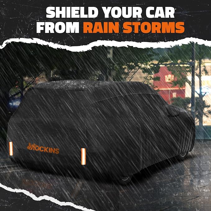 Mockins 200"x75"x57" SUV Car Cover Waterproof All Weather Heavy Duty Tarp | Dual-Layer 250G PVC & Soft Cotton Lining Full Exterior Covers | Windproof Large Car Cover for Snow & Rain with Buckle Strap