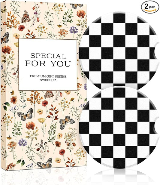 Swooflia Car Coasters for Women - Black and White Checkered Ceramic Car Cupholder Coaster Absorbent Mat Coaster with Cork Base 2 Pack 2.55 inch Automotive Cup Holder Accessories New Driver Gifts