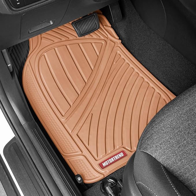Motor Trend FlexTough Performance All Weather Rubber Car Floor Mats with Cargo Liner - Full Set Front & Rear Floor Mats for Cars Truck SUV, Automotive Floor Mats (Beige)