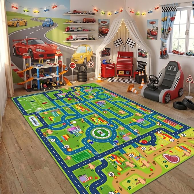 yongjoy Car Rug Road Map Area Rug, 110" x 78.7" Non-Slip Floor Mat | Road Map Pattern, Colorful Car-Themed Design, Soft Low-Pile Surface, Non-Slip Backing