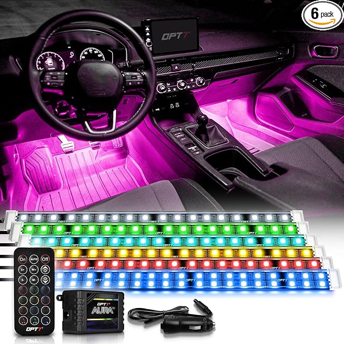 OPT7 Aura Double Glow RGB Interior Truck & SUV Lights with Remote Control | Ultra Bright Ambient Glow, Extended Underdash Lighting, 6PC Multicolor LED Strip, Sound Sync, 12V Crew Cab Truck Accessories