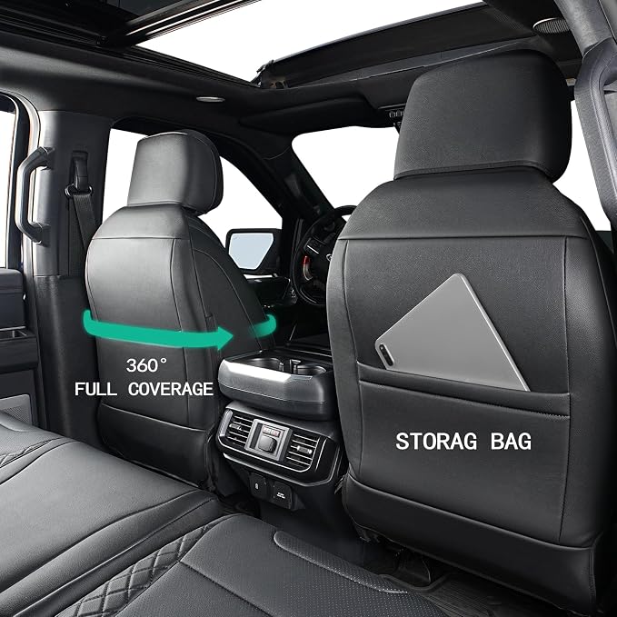 F150 Seat Covers, Custom Fit for Ford 2021-2026 F 150 XL XLT STX Super Crew Cab, 2023-2026 F250 F350 F450 XL XLT Crew Cab, Truck Seat Cover Full Set, Pickup Accessories, Leather, Black