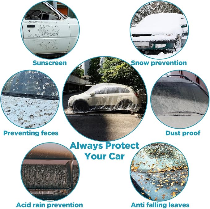 Molain 4 Pack Disposable Car Cover Clear Plastic Car Cover, Waterproof Universal Rain Dust Garage Covers with Elastic Band, Cars Covers for Outdoor Snow/Rain Weather Protection (12.4 ft x 21.6 ft)