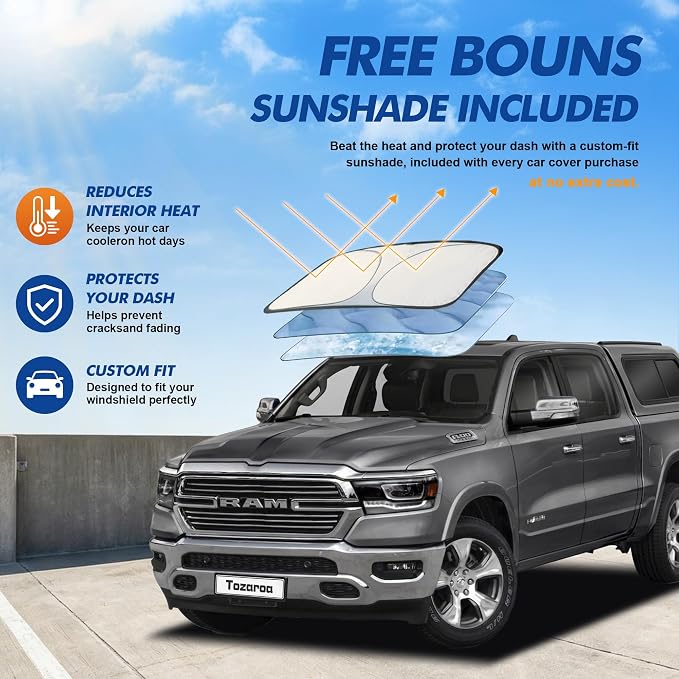 Truck Cover Waterproof All-Weather,Outdoor Full Exterior Pickup Covers for Truck Cover with Camper Shell Topper (229-246 inch),with Windshield Sun Shade,Size T5+ (See Size Chart)