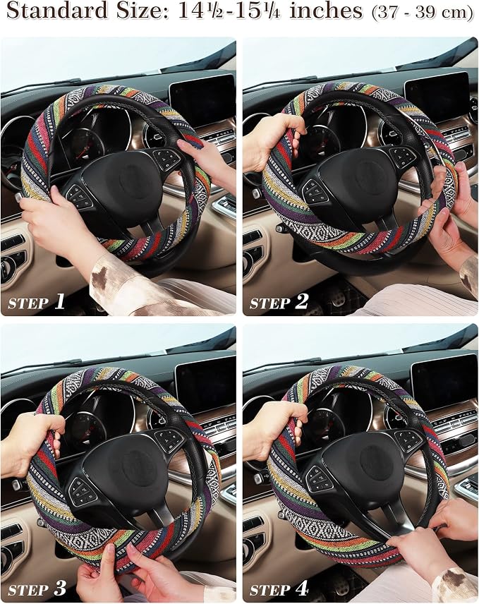 SEG Direct Boho Steering Wheel Cover, Baja Blanket Cloth, Coarse Flax | Bohemian Car Decor, Ethnic Style, Coarse Flax, Fabric Cover Fits 14 1/2-15 1/4 inches Standard Medium Size, for Women Men