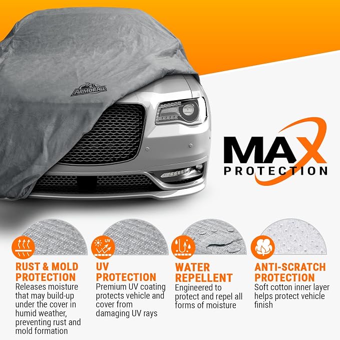 Armor All Car Cover Waterproof All Weather Heavy Duty, Sedan up to 228" | Scratch-resistant soft lining, 6 secure straps, includes storage bag, works for Sun Rain Snow Hail Outdoor Indoor Protection