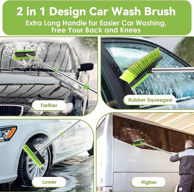 2 Pack Car Wash Brush with 62" Long Handle for Exterior Truck, RV, Boat | Microfiber Car Wash Mop and Car Washing Brush Combo, Soft Bristle Cleaning Brush, Rubber Squeegee, Car Cleaning Kit for Home