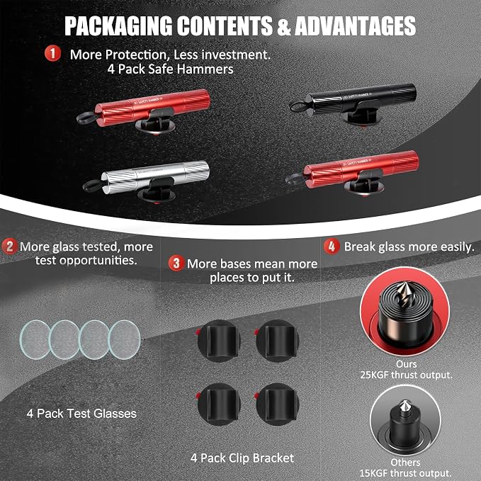 [4 Pack] 2026 Upgraded Safe Hammer Window Breaker Seatbelt Cutter, 2-in-1 Car Hammer Glass Breaker Seatbelt Cutter Emergency Escape Tool with Base, Life Hammer Car Escape Tool and Seatbelt Cutter