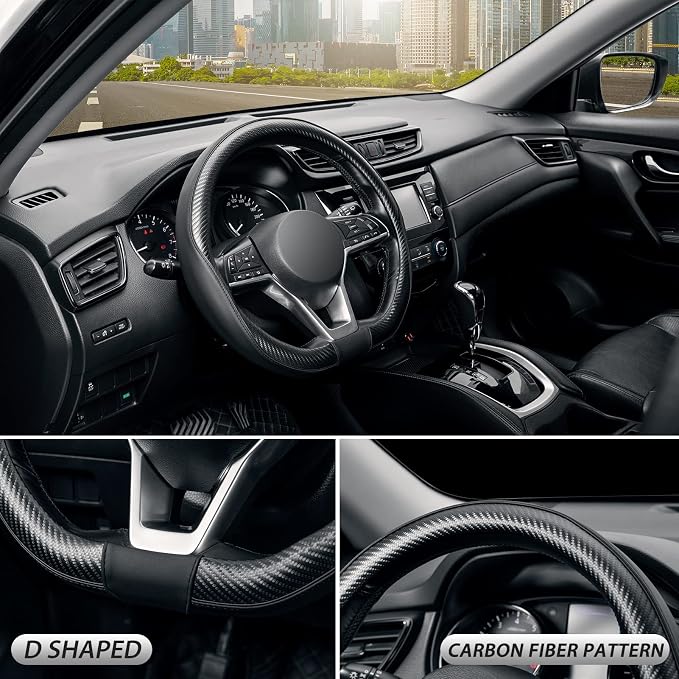 SEG Direct Flat Bottom Steering Wheel Cover Carbon Fiber, D Shaped Car Wheel Cover 14 1/2-15 in. (37-39 cm), Black Microfiber Leather with Carbon Fiber Pattern