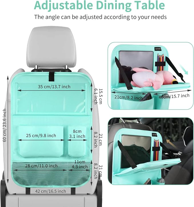 LUCMO Car Backseat Organizer with Foldable Tablet Holder, Light Blue | 2 Pcs,6 Storage Pockets,Foldable Food Tray,Protectors Kick Mats,Travel Accessories,Seat Cover,Road Trip Essentials