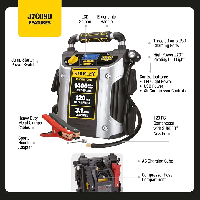 Stanley J7C09D 1400 Peak Amp Automotive Jump Starter, Portable Power – Triple 15W USB Ports, 120 PSI Air Compressor for Tires & Sports Equipment | Portable Power Station with Triple 15W USB Ports