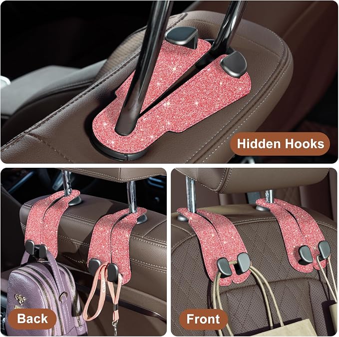 CoBak Purse Hook for Car - Universal Premium Stitched Leather and Aluminum-Magnesium Alloy Double Car Seat Back Storage Hook for Purses, Handbags, Bags (2 Pack),Fuchsia Glitter