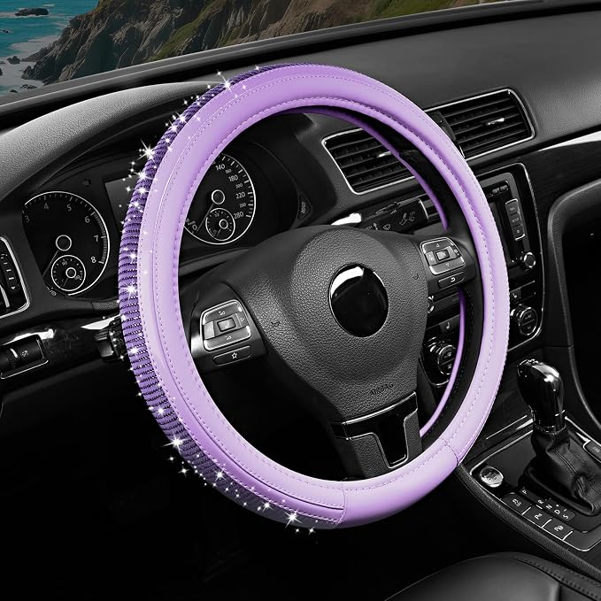 Road Comforts Bling Steering Wheel Cover – Purple Diamond Design, Universal Fit 14.5-15 Inch, Microfiber Leather, Anti-Slip & Breathable Design for Men and Women