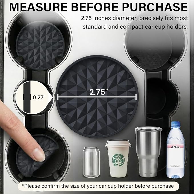 Car Coasters Silicone [4 Pack] 2.75in Universal Mats Non-Slip, Embedded Car Interior Accessories, Car Cup Holders Insert Coasters Decor，Black