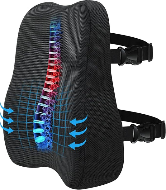 Vekkia Lumbar Support Pillow for Office Chair - Back Support for Car, Lumbar Cushion with Adjustable Straps & Mesh Cover, Lower Back Pain Relief for Office Workers, Drivers, Gamers & Travelers