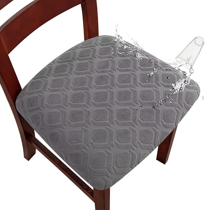 Genina Waterproof Seat Covers for Dining Room Chairs, Stretch Chair Covers Removable Washable Dinning Room Kitchen Chair Seat Cushion Slipcovers (Jacquard-Light Gray, 4 PCS)