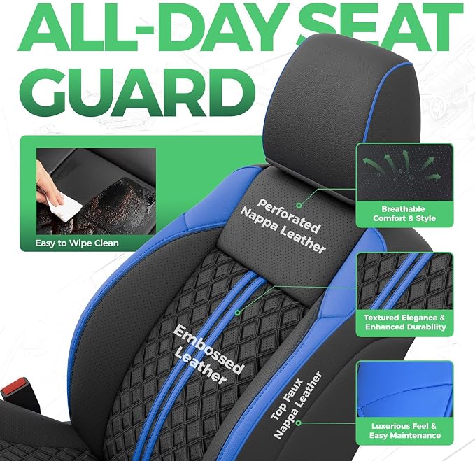 Custom Seat Covers for Tacoma 2016-2023 3rd Gen Double Cab SR5/TRD Off-Road/SR/TRD Sport/TRD PRO Full Set with Console Covers, Waterproof Leather Back and Front Seat Protectors Black Blue