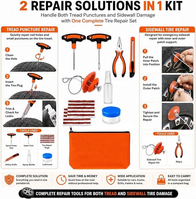 Flat Tire Repair Kit with Plugs 18 Pcs,Heavy Duty Sidewall Tire Repair Patch Tool Kit for Car,Motorcycle,ATV,UTV,SXS,Truck,Tractor,Parches para Llantas De Carro