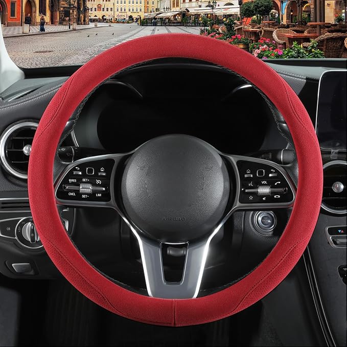 Red Suede Steering Wheel Cover Universal 14.5 inch to 15 inch | Warm in Winter and Cool in Summer, Felt Car Accessories, Breathable Non-Slip Sweat-Proof Wear-Resistant