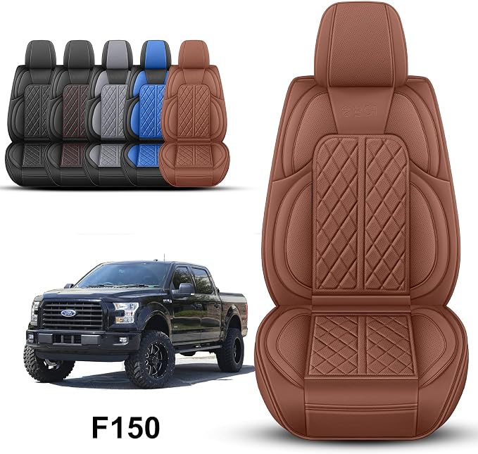 Car Seat Cover Custom Fit for Ford F150 2009-2026 Faux Leather Seat Cover Set Compatible with Regular Cab Super Cab Super Crew Pickup Truck Cushions(Brown, Front Seat)