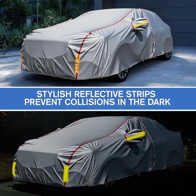 Car Cover Waterproof All Weather, 6 Layers Outdoor Full Car Cover UV Snow Rain Wind Dust All Weather Outdoor Protection with Zipper Cotton, Mirror Pocket, Fit for Sedan Grey (190-195 inch)