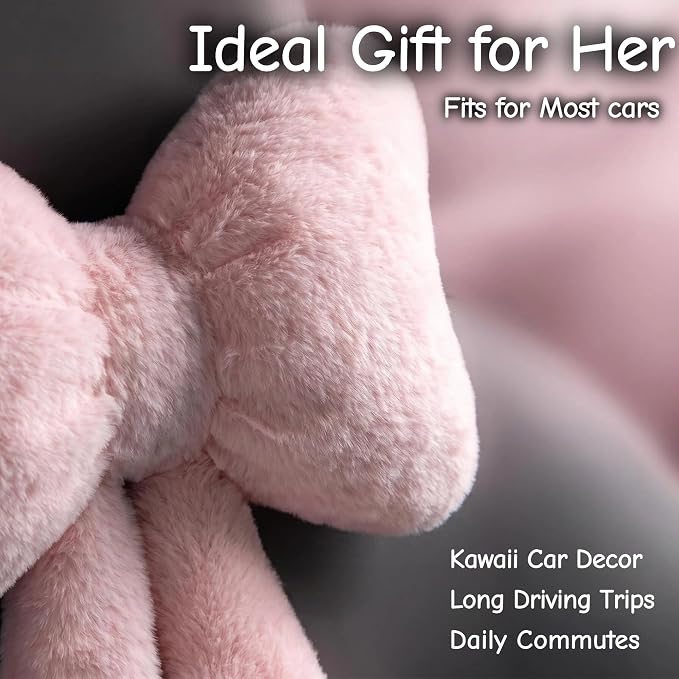 Car Neck Pillow Plush Bowknot Car Headrest Pillow Comfortable Neck Support for Driving Soft Touch Fabric Car Pillow Cute Interior Decor (Pink-1Pcs)