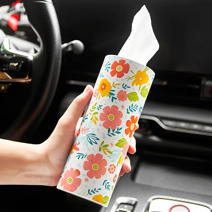Car Tissue Holder Cylinder - 4 Pack, 50 3-Ply Tissues per Cylinder, Fits Car Cup Holders, Portable, Floral Design, Round Tissue Box for Car
