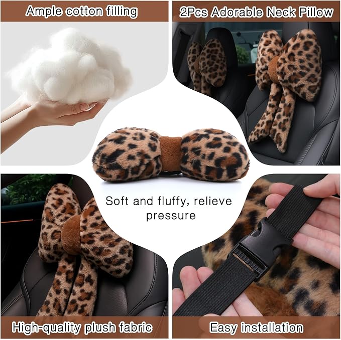 Macarrie 2 Pcs Leopard Car Neck Pillow Plush Butterfly Bow Car Headrest Pillow Comfortable Seat Neck Support Cute Head Rest Accessories for Driving Travel Driver Chair Girl Interior Decor(Brown)