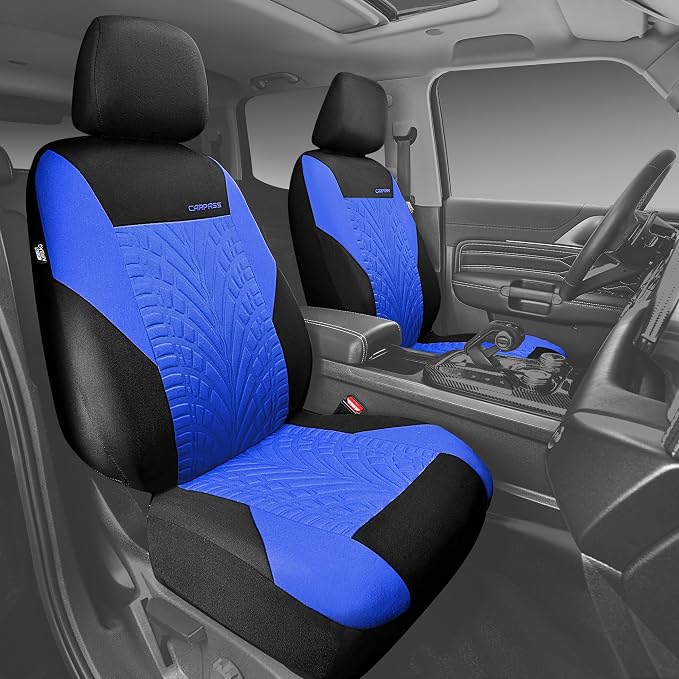 CAR PASS Car Seat Covers Two Front Only for Car, 3D Tyre Print Automotive Interior Covers, Airbag Compatible, Quick Setup Universal Fit Seat Covers for Car, Truck, SUV(Black and Blue)