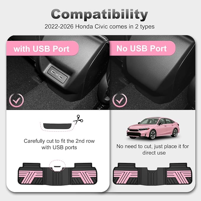 Rubber Floor Mats for Honda Civic Sedan Hatchback Si 2022-2026 | Include Sport but Not for Hybrid, All Weather Car Floor Liners Fit for Acura Integra 2023-2026, 1st & 2nd Row, Black & Pink