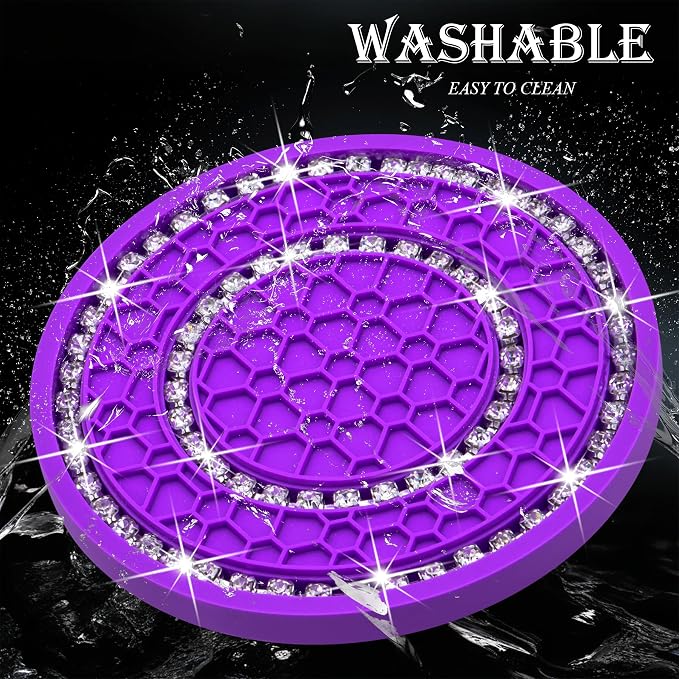 4PCS Bling Crystal Rhinestone Cup Holder Coaster, 2.75 inch Soft Silicone Anti-Slip Shockproof, Car Cup Holder Insert Coasters, Universal Car Interior Accessories for Women (Purple & White)